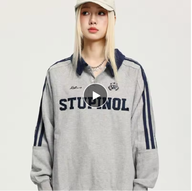 Early Autumn Retro Side Stripes College Style Waffle Polo Collar Hoodie Women Loose Casual Couple Sports Long-Sleeved Tops Trend