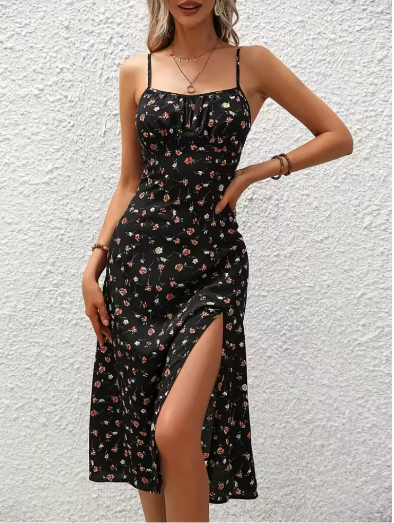 2024 Women Floral Print Spaghetti Straps Summer Boho Beach Dress Print Elegant Suspenders Square Neck Slit Dress Vestidos