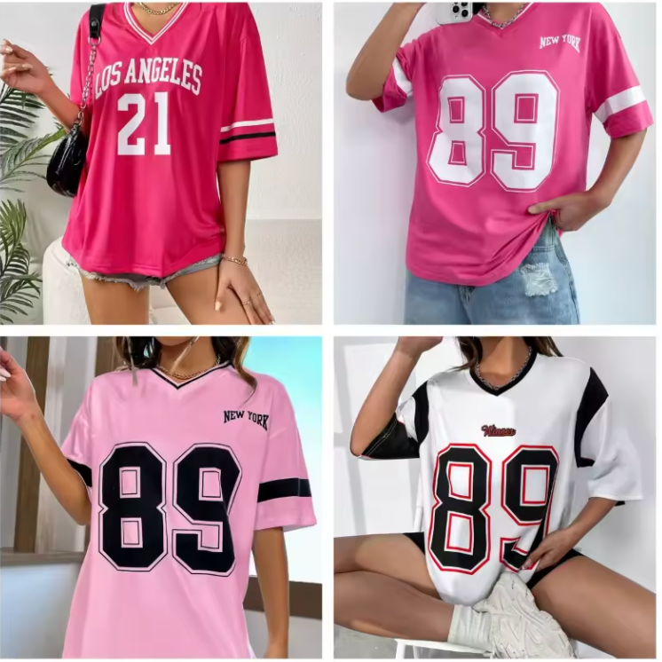 2025 Ladies New 89 Basic V-neck Breathable Comfortable Slightly Elastic Street Tops Retro Casual Outdoor Sports Women's Tops