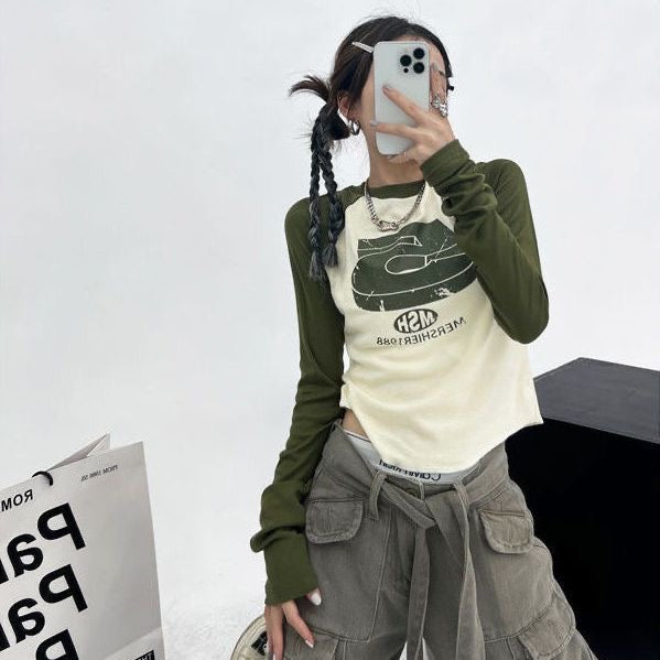 2024 Vintage Green Tshirts Women Hippie Streetwear Y2K Patchwork Long Sleeve T-Shirts Female Kpop Retro Autumn E-girl Crop Tops