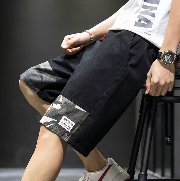 Summer Thin Cotton Versatile Beach Camouflage Cargo Shorts Men Elastic Waist Drawing Pockets Casual Loose Beach Straight Pants