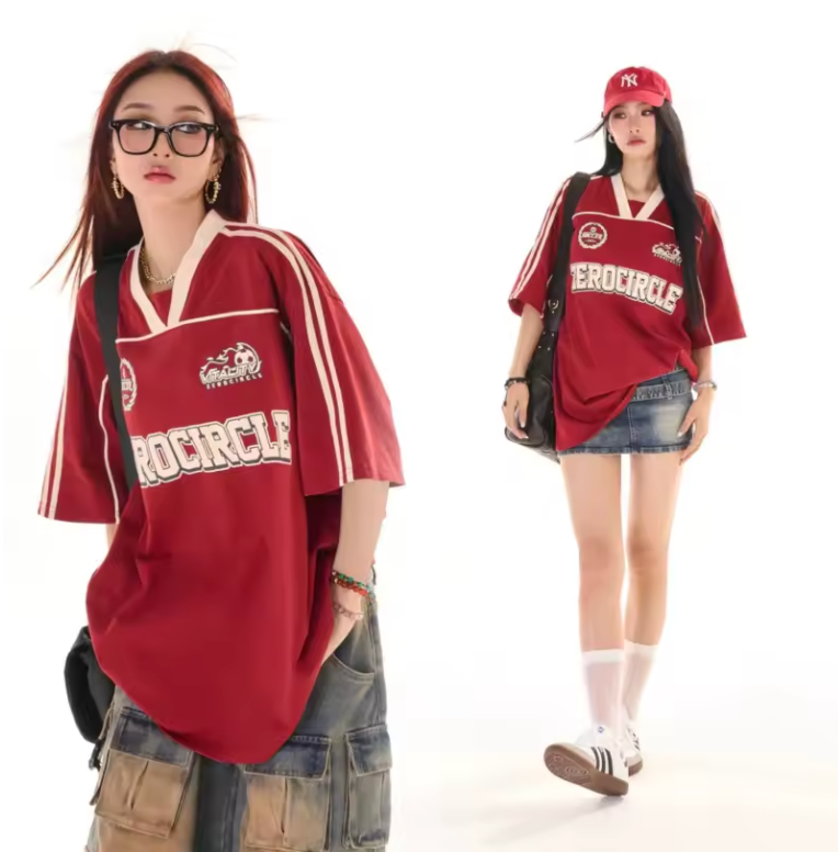Punk Cotton Splicing Shirt Structure Design Red National Fashion Top Women Summer Loose Versatile Short-sleeved T-shirt Female