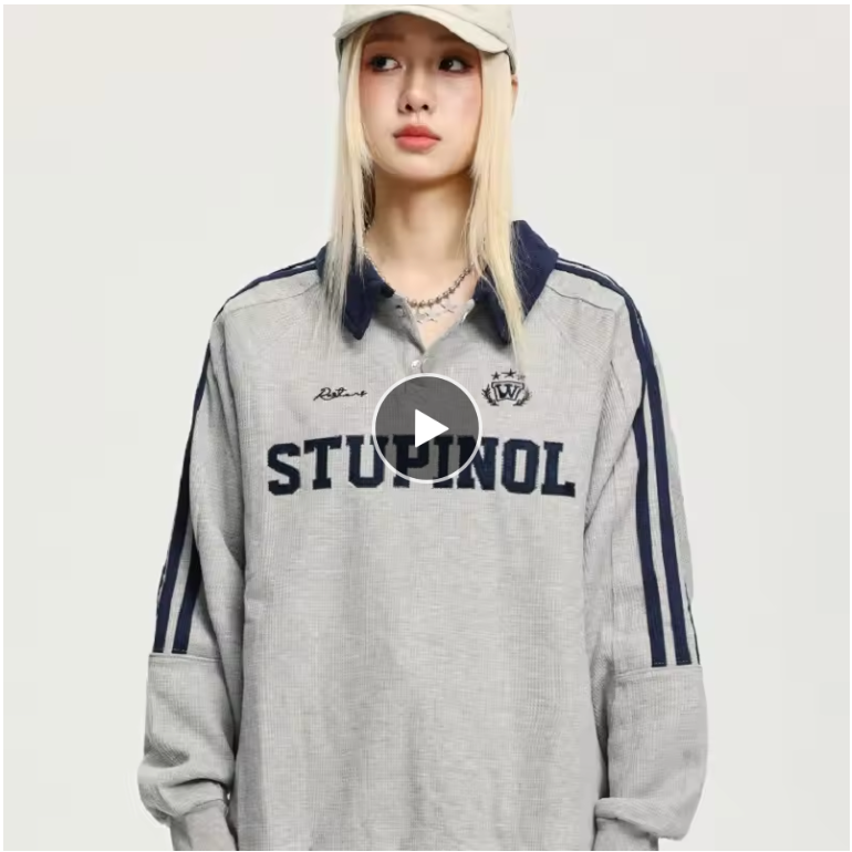 Early Autumn Retro Side Stripes College Style Waffle Polo Collar Hoodie Women Loose Casual Couple Sports Long-Sleeved Tops Trend