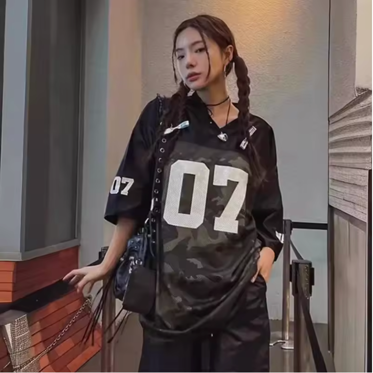 Women's Camouflage Oversized Hip Hop Long T-Shirt, Breathable Casual Cotton Top American Retro Harajuku Baseball Patchwork