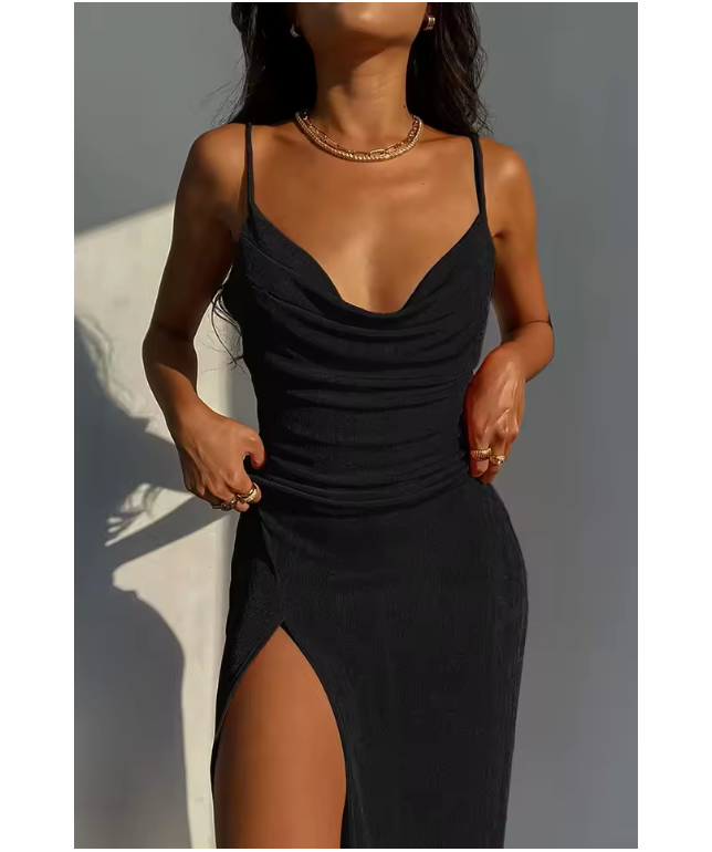 Women's 2025 New Summer Elegant Spaghetti Strap Sexy High Waist Swinging Collar Reversible V-Neck Midi Dress Party Evening