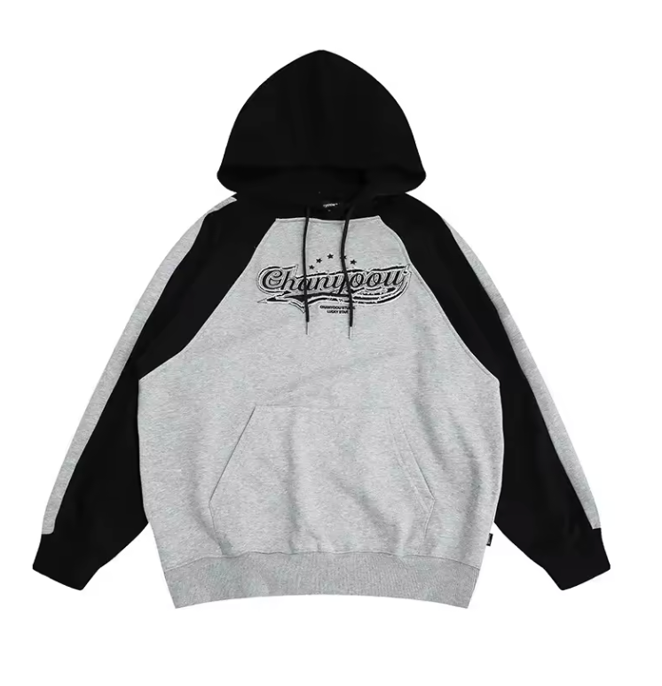 American Style Embroidered Letter High Density Color Blocking Hooded Sweatshirt For Men Loose Fit Trendy Brand Top Autumn Season