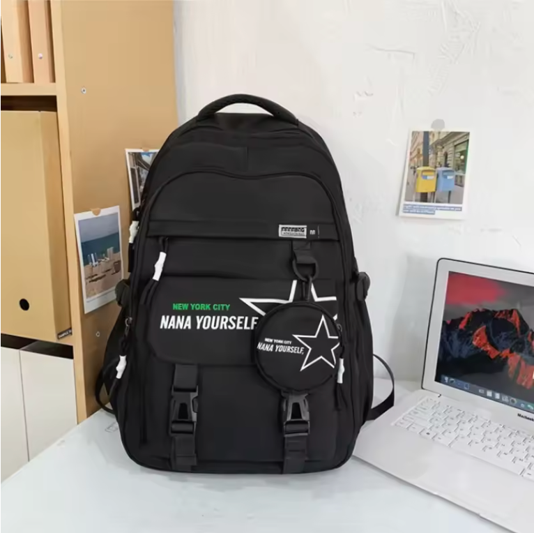Solid Color Flip Cover Buckle Backpack Square Vertical High Capacity Commuting Mesh Soft Handle Adjustable Curved Shoulder Strap