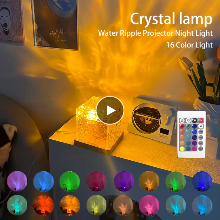 Water Ripple Projector Night Light 16 Colors Flame Crystal Lamp for Living Room Study Bedroom Home Decor Light
