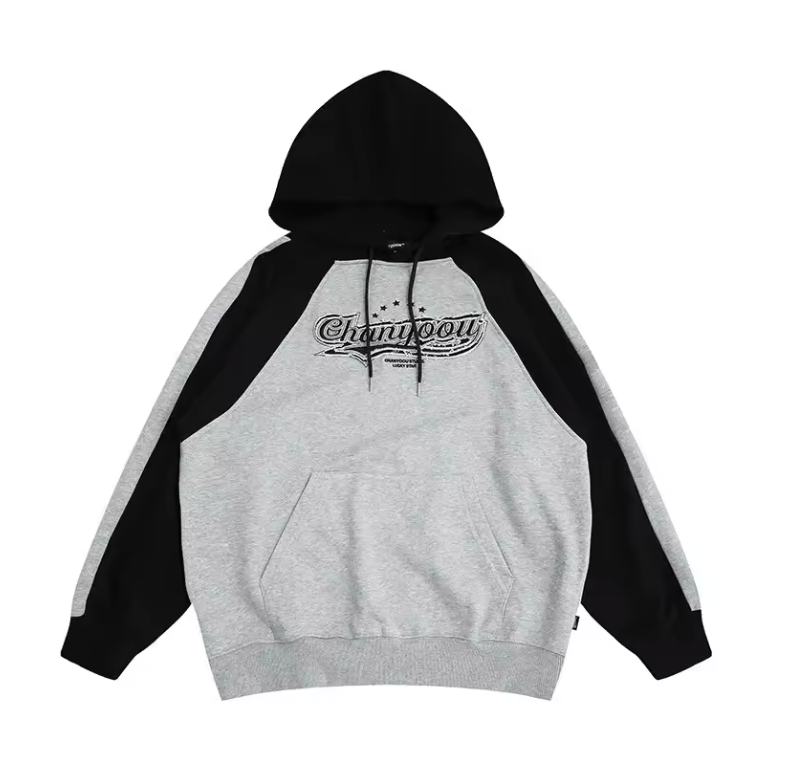 American Style Embroidered Letter High Density Color Blocking Hooded Sweatshirt For Men Loose Fit Trendy Brand Top Autumn Season