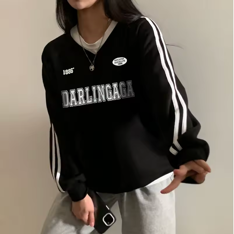 Academy Style Parallel Bars Striped Contrasting V-neck Pullover Top for Women's Versatile Sports Baseball Jacket Trend