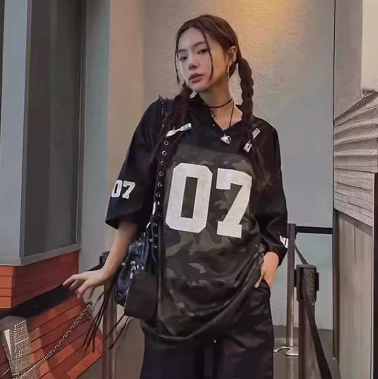 Women's Camouflage Oversized Hip Hop Long T-Shirt, Breathable Casual Cotton Top American Retro Harajuku Baseball Patchwork