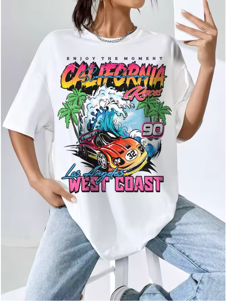 Los Angeles, California West Coast Car Women T Shirts Breathable Summer T-Shirt Street Tees Clothing O-Neck Cotton Short Sleeve