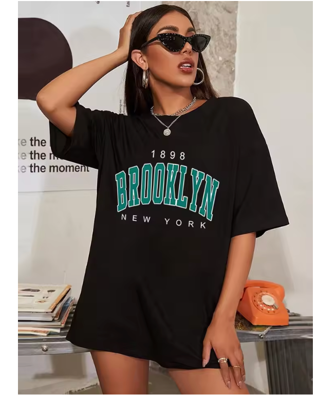 New T-Shirt Women 1898 Brooklyn York Letter Drop Shoulder Print Vintage Oversized T Shirt Simple Clothes Female Tshirt Y2K Top