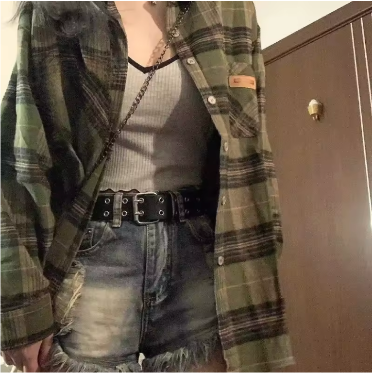 Deeptown Harajuku Green Plaid Shirt Streetwear Women Vintage Long Sleeve Oversize Blouse Korean Fashion Aesthetic Clothes Female