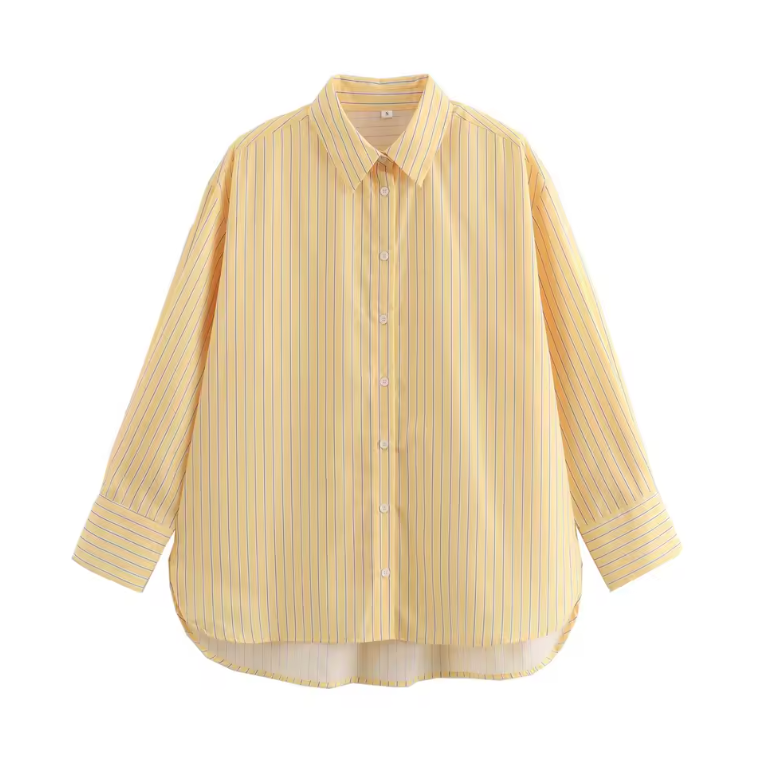 TRAFZA 2024 Spring Summer Casual Striped Women Shirts Fashion Vintage Turn-down Collar Single Breasted Thin Ladies Shirts