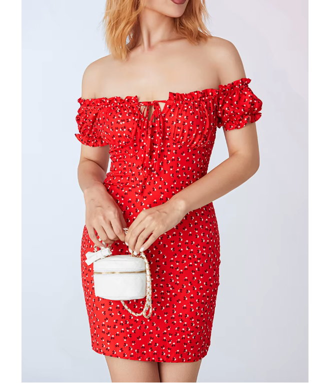 Women Floral Wrap Dress Off Shoulder Tie Up Front Ruffle Mini Dress Summer Office Lady Slash Neck Printed Pencil Dress
