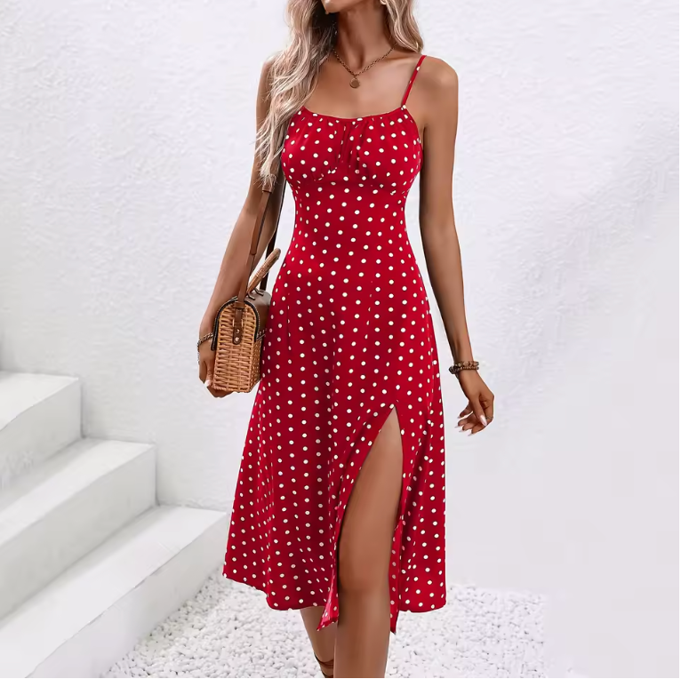 Ladies Sexy Red Polka Dot Split Floral Suspender Dress Summer New Side Slits Slim Waist Holiday Party Dress Maxi Wraped Dresses