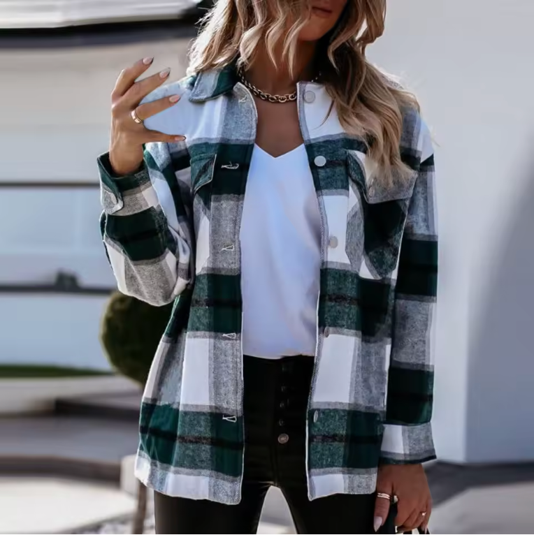 Autumn Spring Women Plaid Printed Jackets Casual Lapel Pocket Single Breasted Blouse Tops American Vintage Shirt Coat