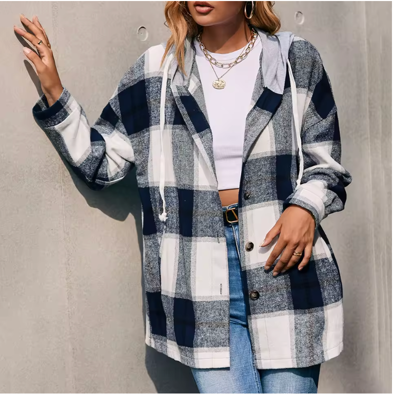 Womens Color Block Plaid Shirts Button Down Flannel Hooded Cardigan Long Sleeve Pockets Blouse Hoodies Coat