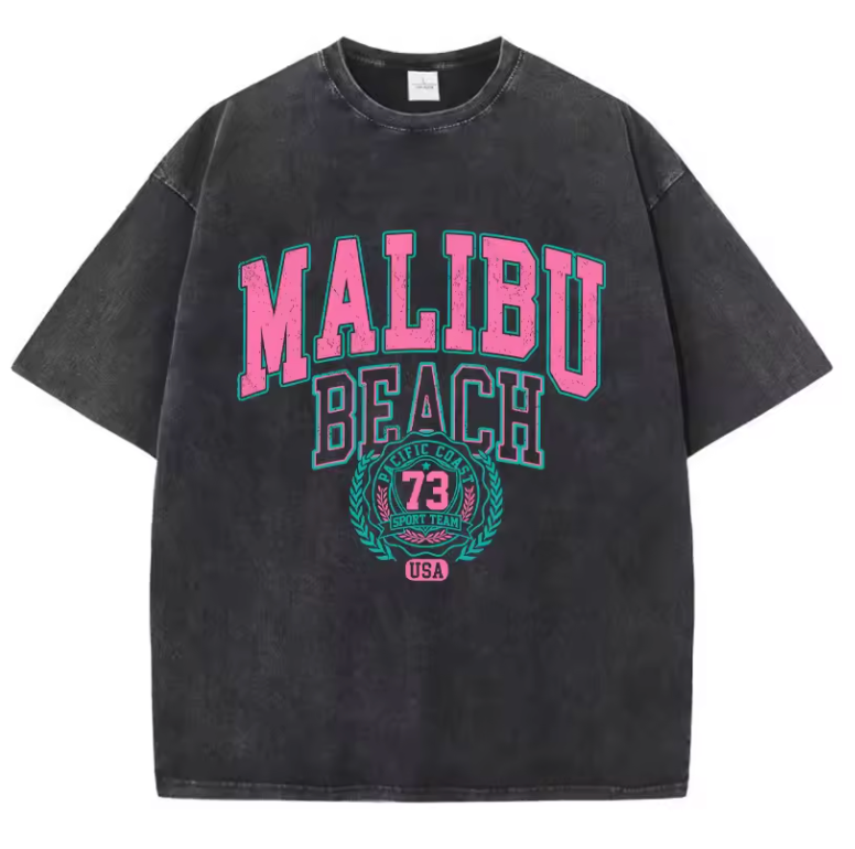 Malibu Beach Washed T-Shirt Women Letter Printing Cotton T Shirt Comfortable Crewneck Tops Casual Oversized Tees Female Clothes