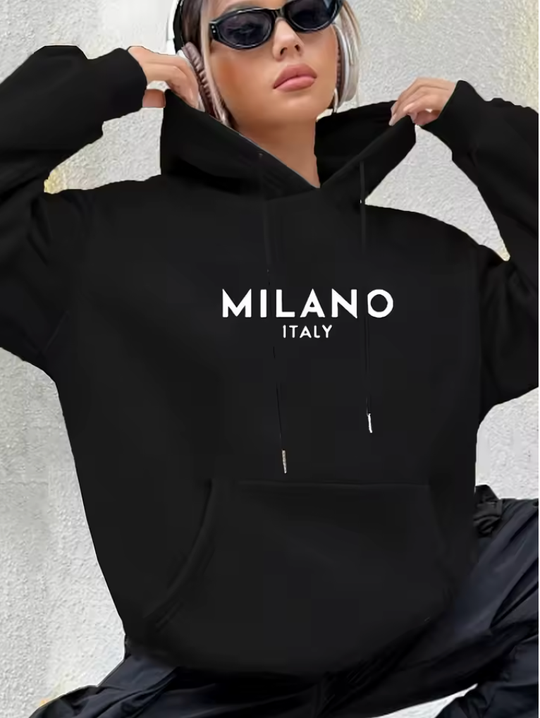 Milano Italy Polyester Hoodie for Women Alphabet Print Casual Long Sleeve Sweatshirt with Pocket Fashionable Hooded Sweatshirt