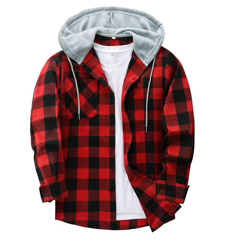 Plus Size Fake 2 Piece Men's Hooded Shirt Jacket Vintage High Street Hip Hop Casual Outwears Autumn Plus Size Button Sweatshirts