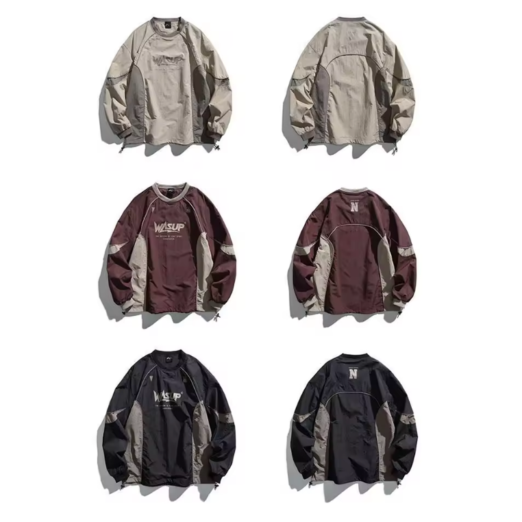 Mens Pullover Retro Streetwear Two-Tone Stitching Contrast Jacket Sweatshirt Print Tech Style Cargo Windbreaker Baggy Men's Top