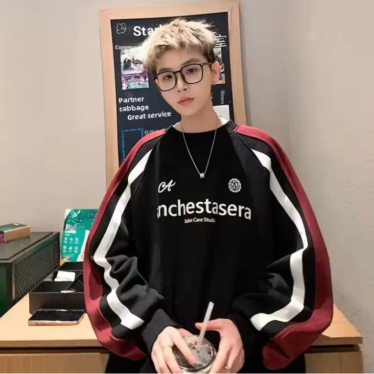 GuoTrendy Brand Color Blocking Pullover Sweatshirt Men's Loose-Fit Versatile Round Neck American Style Vintage Long Sleeve Top