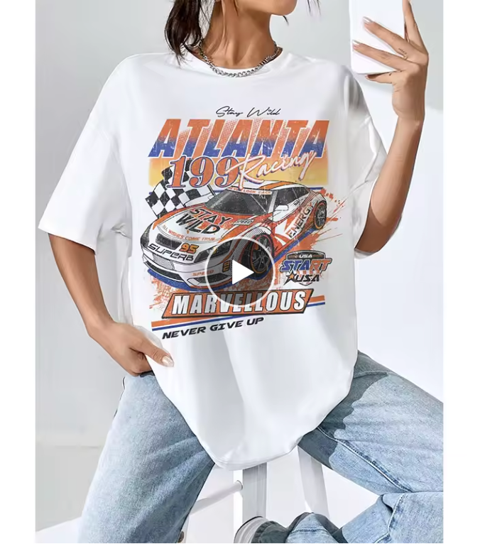 2024New Women Cotton T-Shirts Race Car Printed Short Sleeve Tee Comfortable Personality Loose Tops Summer Fashion Lady Clothes