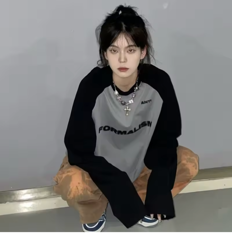 MEXZT Vintage Letter Print Sweatshirt Women Harajuku Patchwork Long Sleeve Oversize T Shirt Y2K Streetwear Casual Pullover Tops