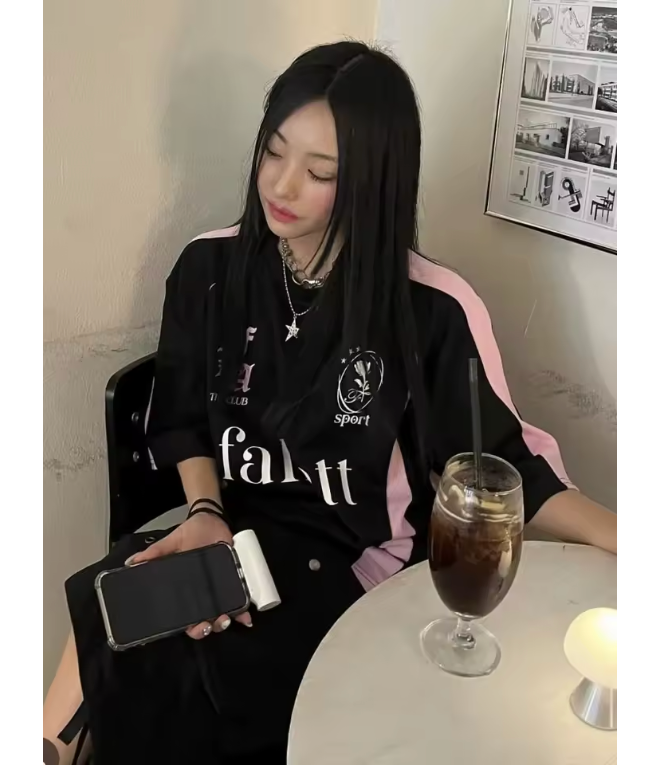 New Arriavl Korean Summer Black Pink Retro Patchwork 21 Jersey T-shirt Sports Breathable Short Sleeve Casual T-shirt for Women