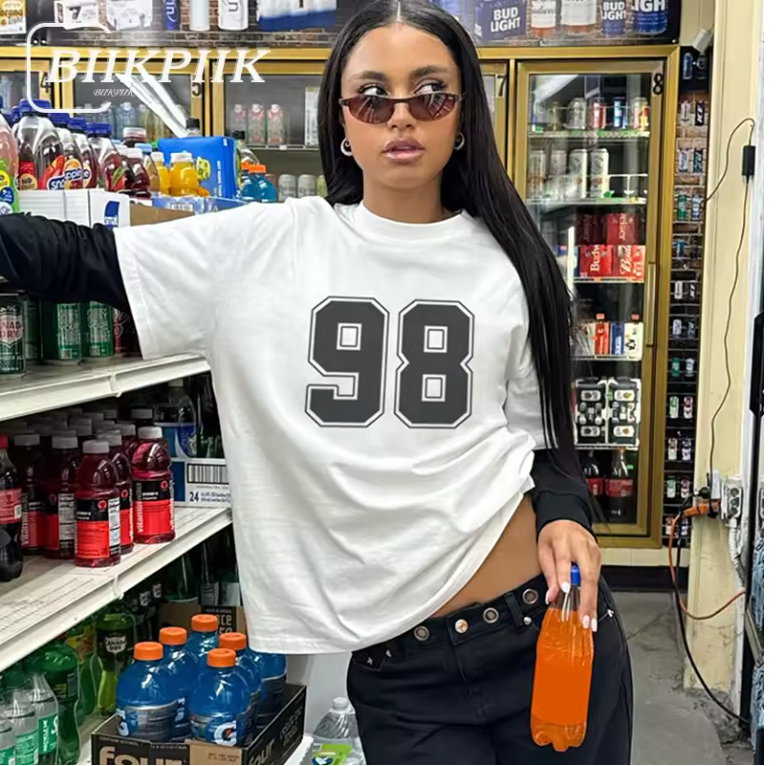 BIIKPIIK Streetwear Fake Two Piece T-shirts Casual Digital Printed Contrast Color Long Sleeve Women Tees All-matched Autumn Tops