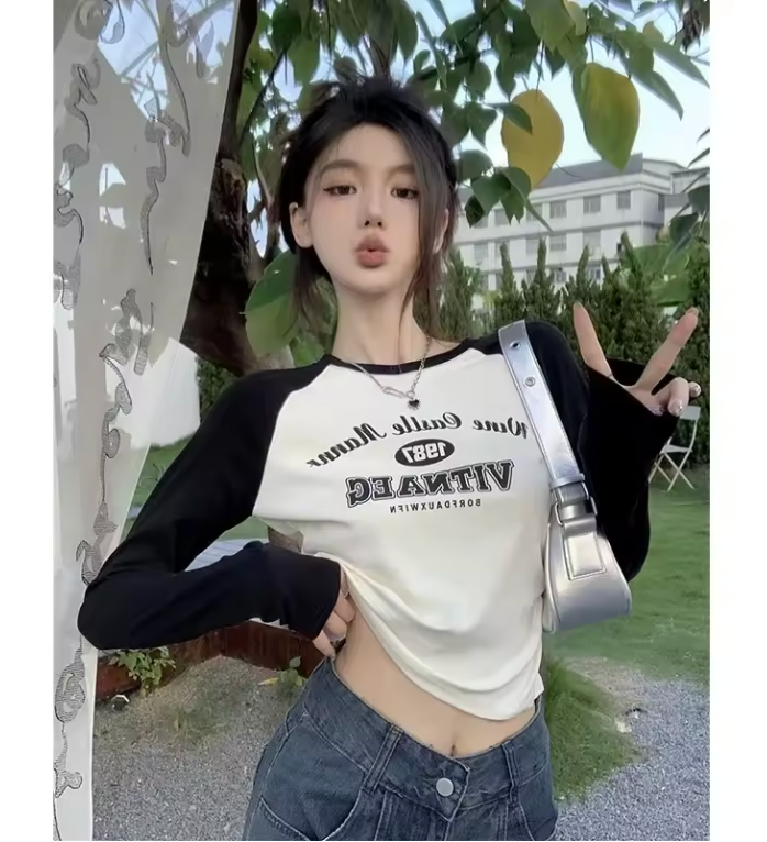 Women's Spring Autumn 2024 New Vintage Letter Print Slimming T-Shirt Long Sleeve Polyester Crew Neck Top Slimming Base Layer
