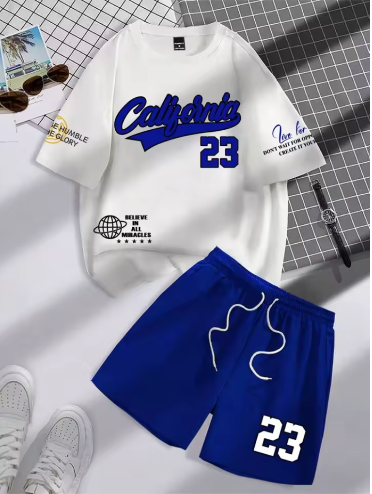 Summer Trend Men's Round Neck Short Sleeve Set Fashion Personalized Alphanumeric Print Round Neck T-shirt and Shorts Two Piece