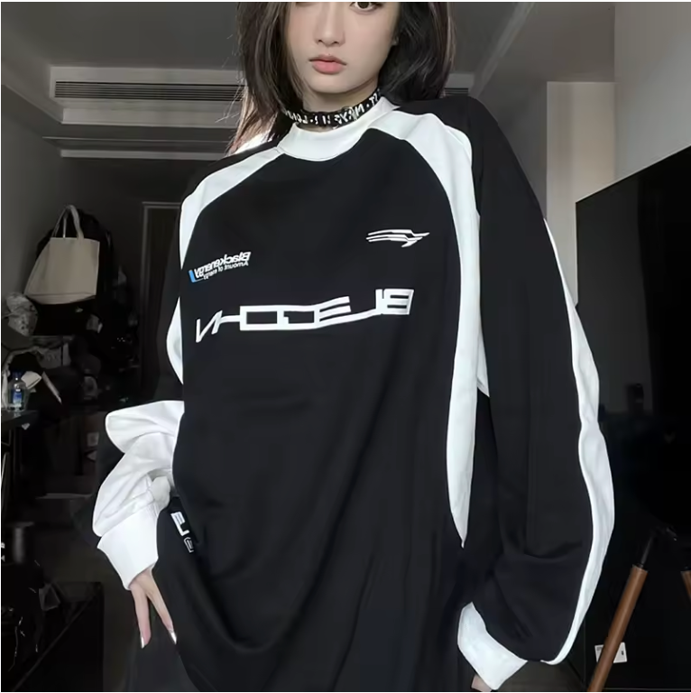 Gmiixder Original American Street Shirt Retro Racing O-Neck Pullover Sweater Black White Spliced New Versatile Long Sleeve Shirt
