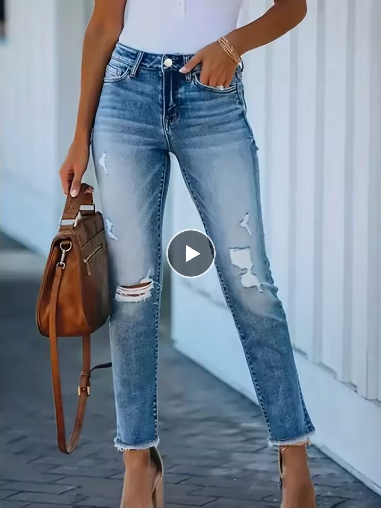2024 new women's jeans women's light blue micro elastic straight cropped pants tight ripped jeans women's cropped pants