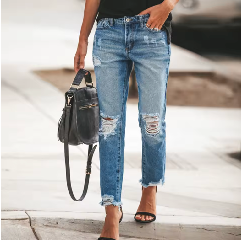 Women Fashion Straight Jeans Casual High Waisted Straight Trousers Ripped Slim Pants For Women Commuter 2024 Fashion Trend