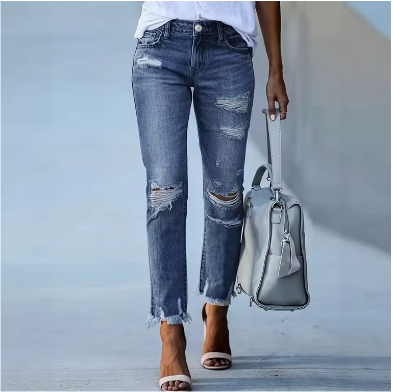 Europe and The United States Washed Ripped Jeans, Women's Spring and Summer Fashion Slim Stretch Small Leg Pants, Pencil Pants