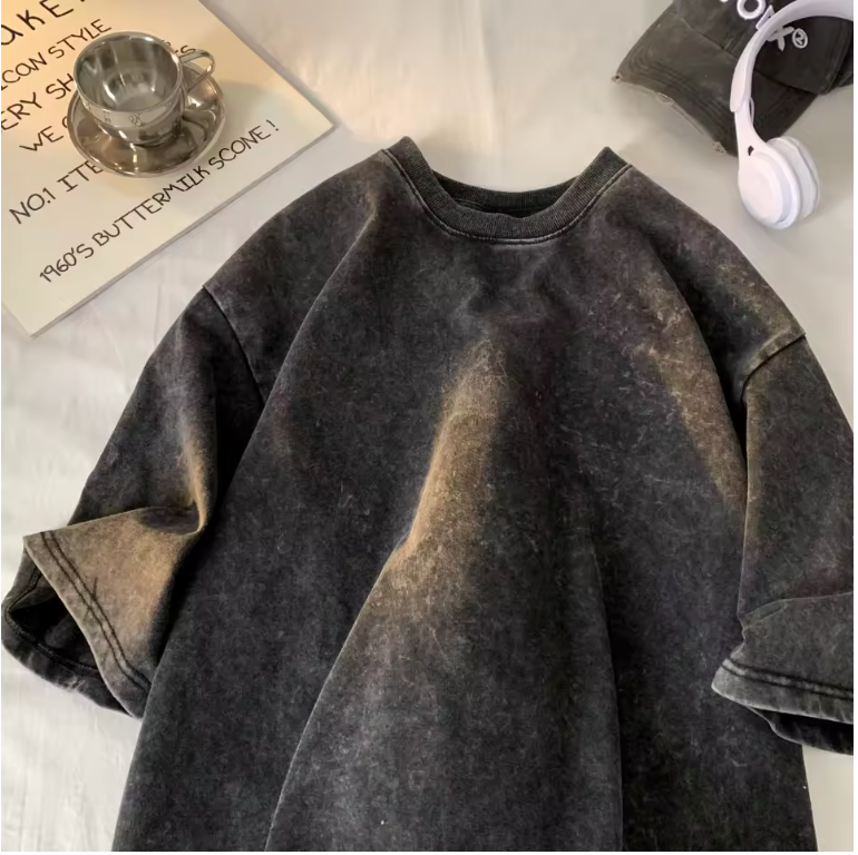230G Cotton Retro T-shirt Drop-shoulder Sleeve Men Women Vintage Short-sleeve T Shirts Solid Color Hip Hop Loose Tees