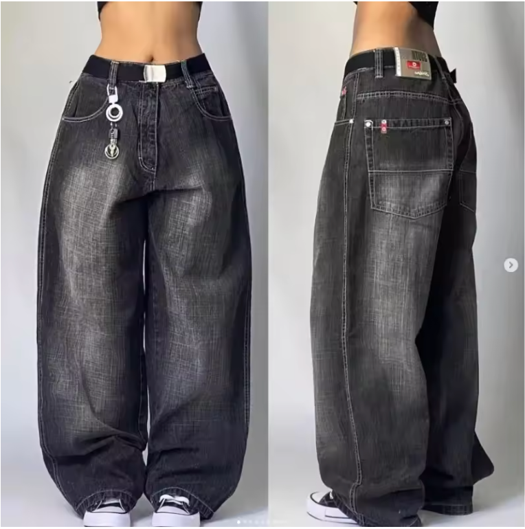 Y2K American New Washed Black-gray Baggy Jeans Harajuku Style Korean Women Retro Gothic Straight High Unisex Waist Wide Pants