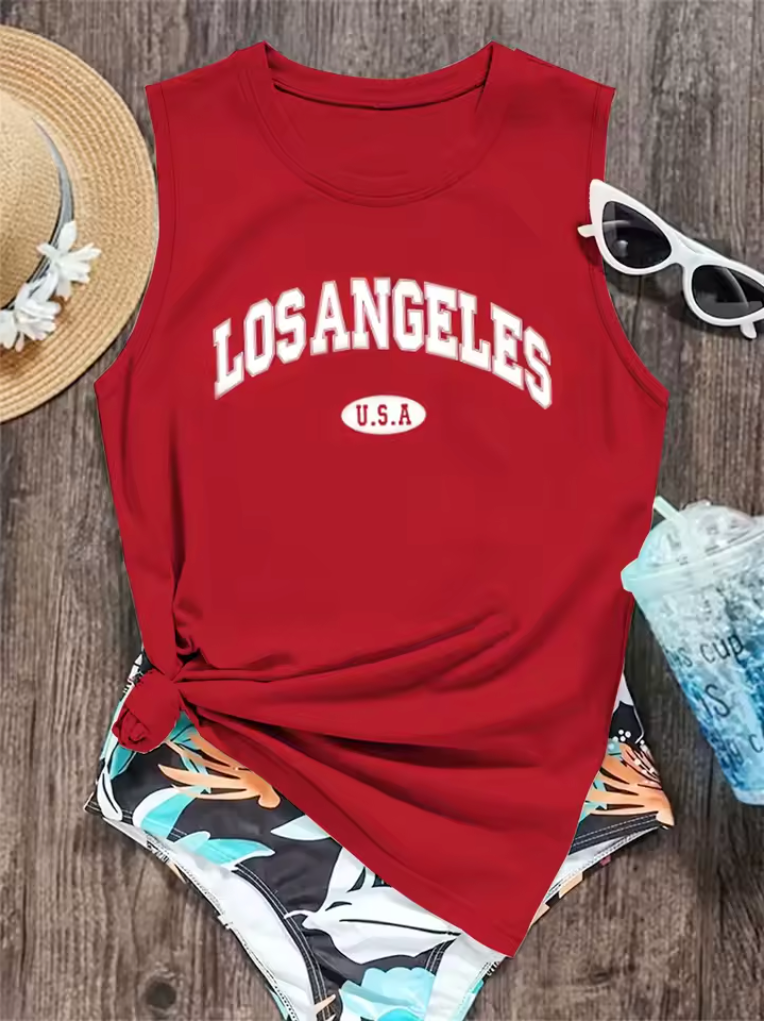 letter Print Tank Top, Sleeveless Crew Neck Casual Top For Spring & Summer, Women's Clothing