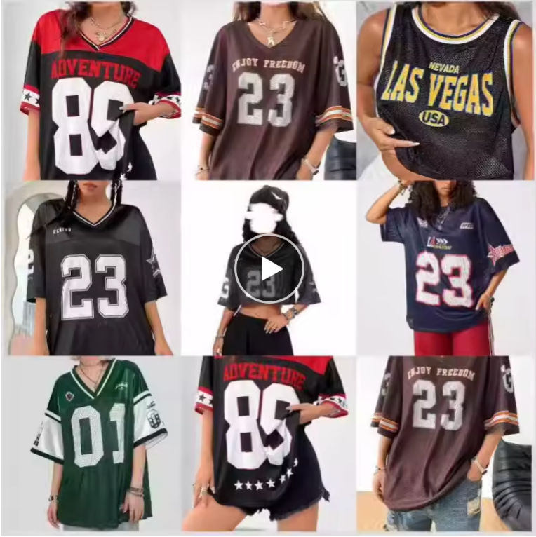 Summer New Black Enjoy Freedom 23 Print T-Shirt For Women V-Neck Short Sleeve Mesh Sports Football Jersey Y2K Tops