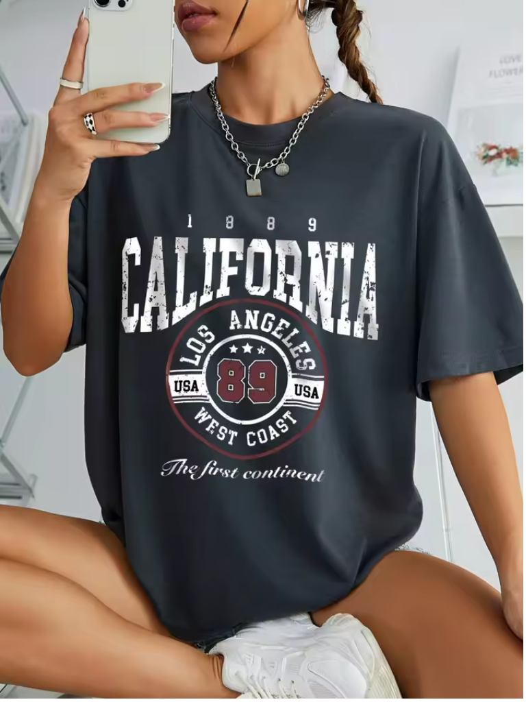 California Printed Cotton T-shirt With Round Neck Loose And Breathable Short Sleeves Fashionable And Casual Women's Clothing