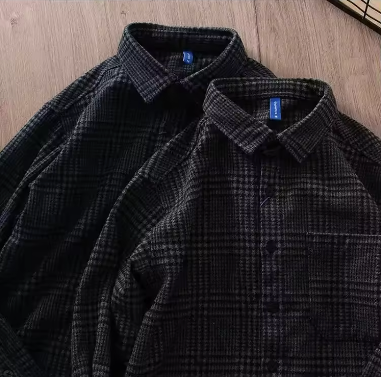 Vintage Plaid Shirt Men's Autumn Winter Long Sleeve Casual Woolen Thickened Warm Loose-Fit Trendy Fashionable Working Uniform