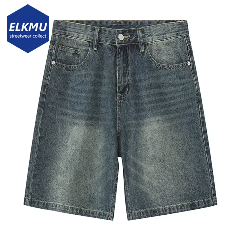 Men Vintage Blue Denim Shorts Summer Casual Loose Jeans Shorts Retro Harajuku Streetwear Hip Hop Y2K Shorts Man