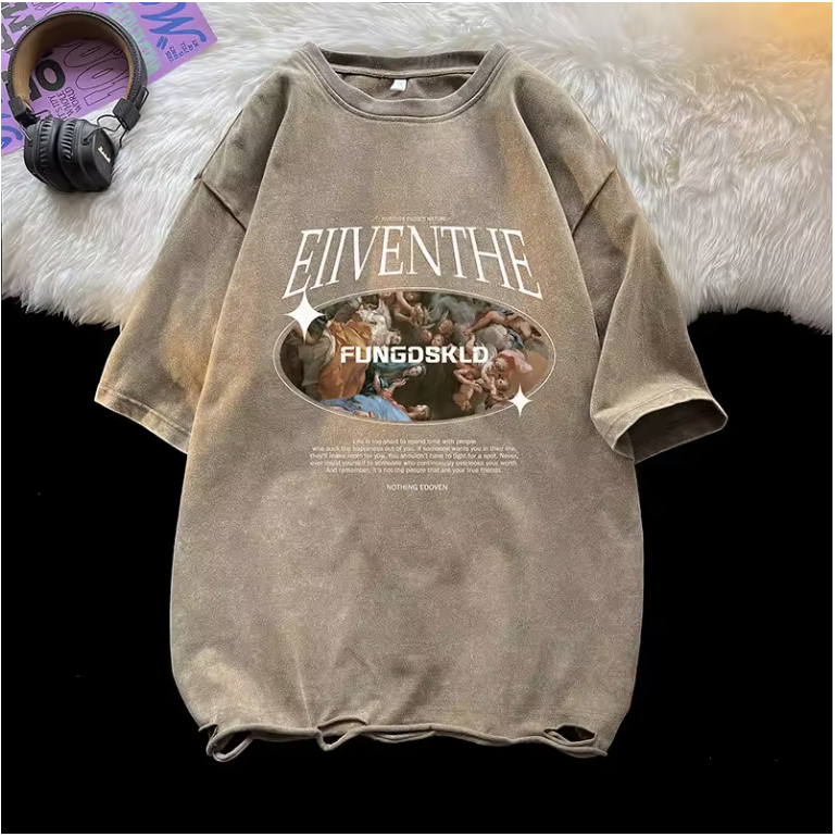 Vintage Washed T-shirt Trendy Streetwear Short Sleeve Tops Casual Round Neck Printed T-Shirt Hipster Loose Men's Women's Tshirt