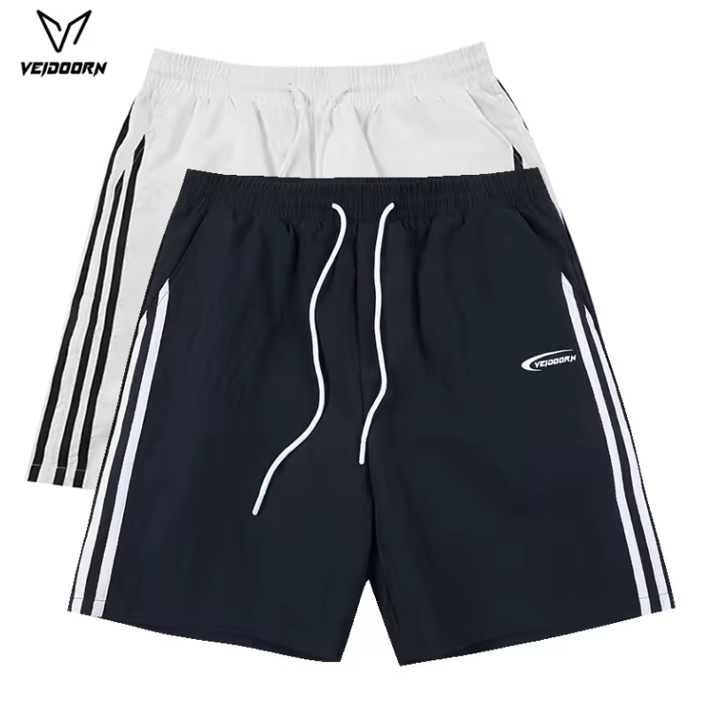 Veidoorn 2025 Men's Sporty Casual Shorts with Side Stripes Adjustable Drawstring for Running Gym and Everyday Athletic Shorts