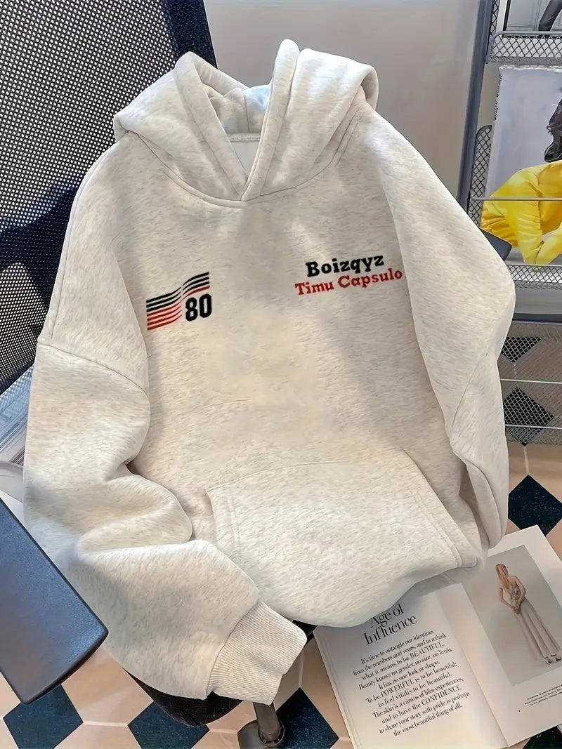 Letter Print Kangaroo Pocket Hoodie, Casual Long Sleeve Pullover Sweatshirt For Fall & Winter, Women's Clothing